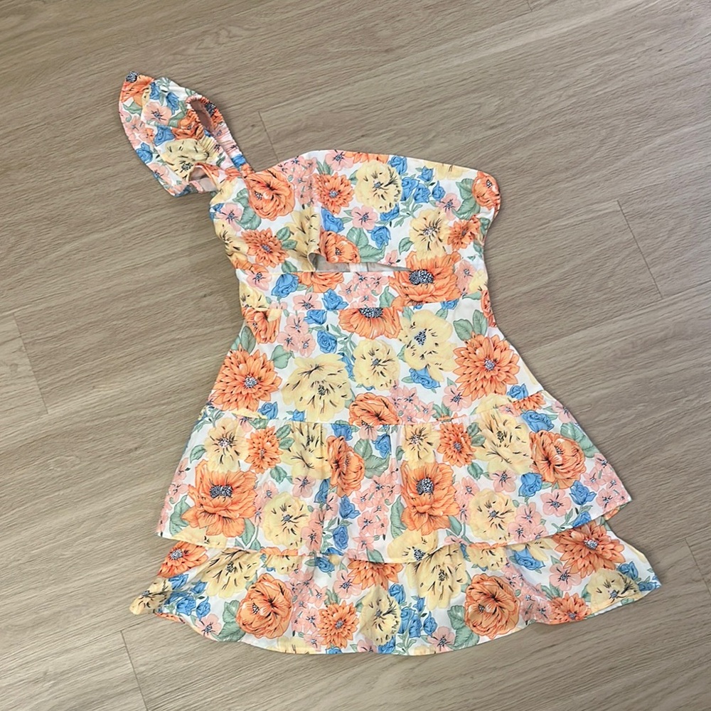 Cherley Orange and Blue One-Shoulder Ruffled Mini Sundress